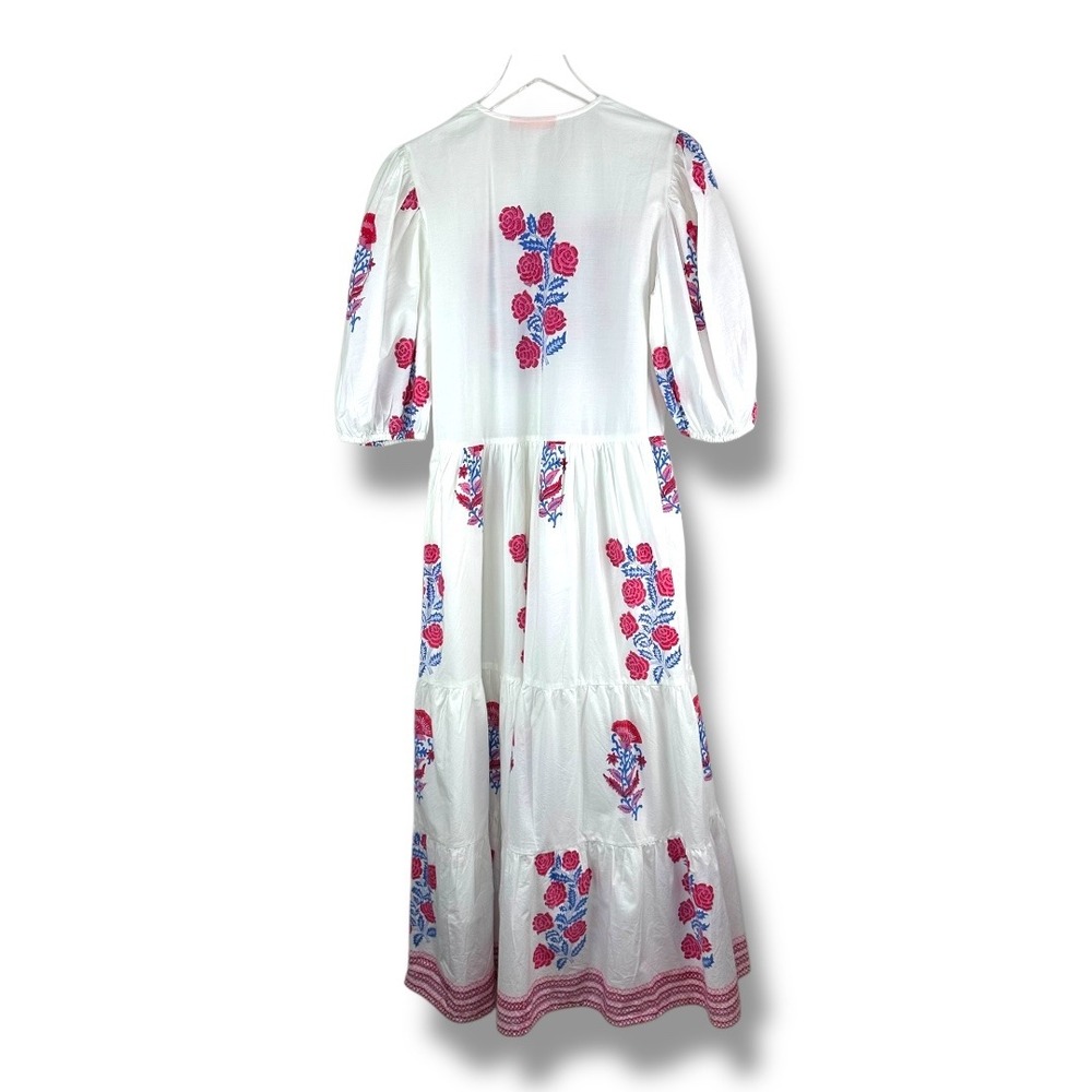 OLIPHANT Puff Maxi Dress Verna Red Blue Floral Tiered Skirt Puff Sleeve Cotton - Picture 2 of 16